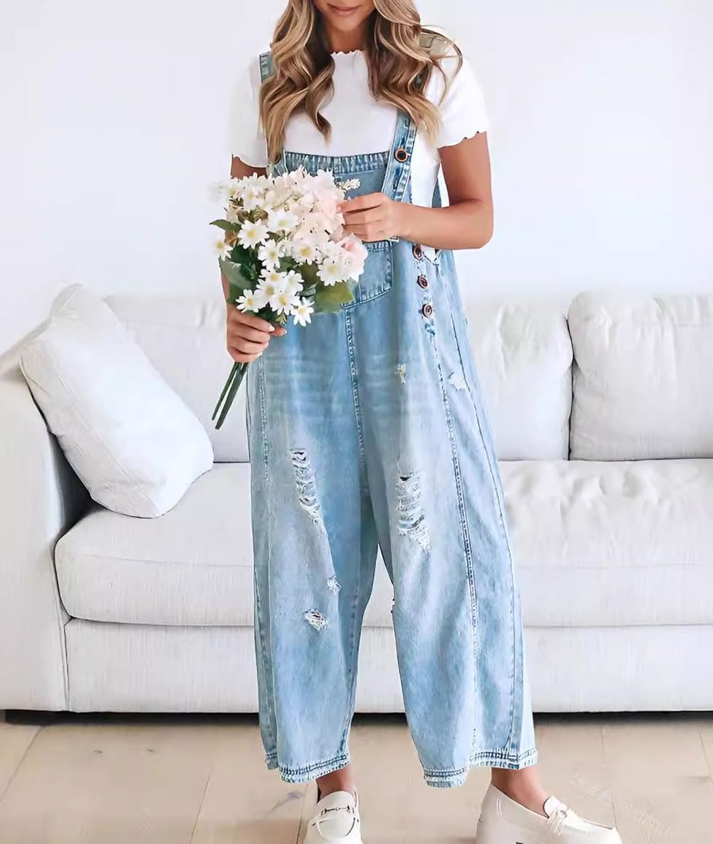 💃Limited time sale 50% OFF💓Women's Cute Casual Button Jumpsuit Ripped Denim Overalls