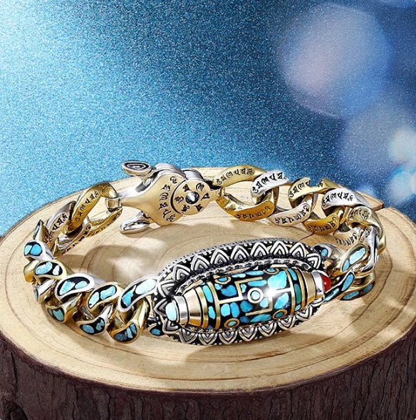 🔥Varmt salg🔥Turkis armbånd med seks tegn i mantraet og ni øyne i Dzi-perler