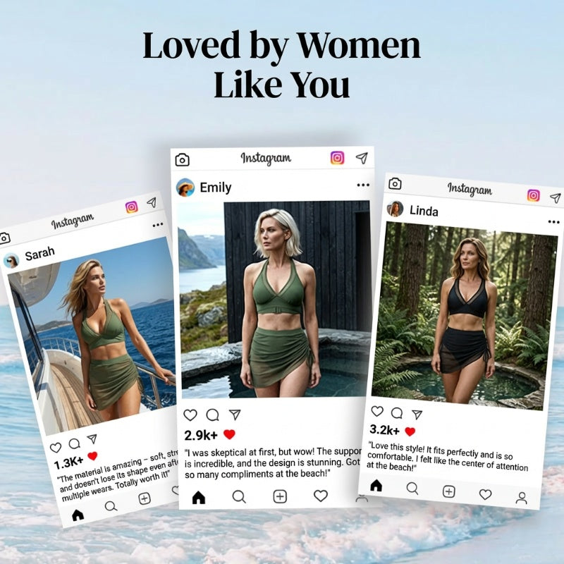 🏖️ High Waisted Bikini Set with Swim Skirt – Gentle tummy control, flattering skirt coverage. Feel confident &amp; comfortable by the water. 🌊🌸