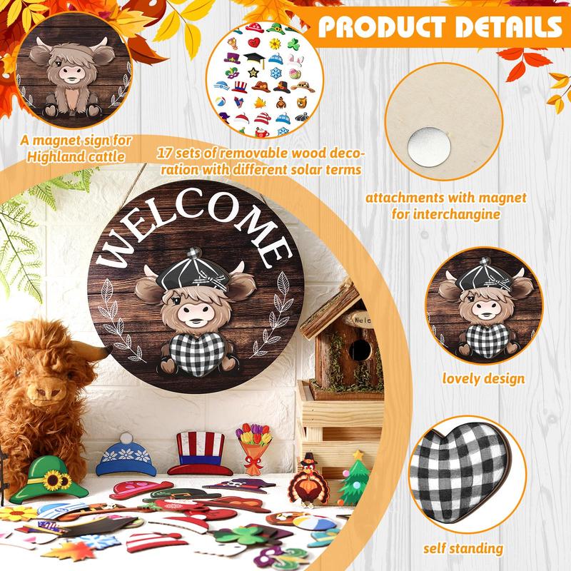 ⏰Interchangeable Welcome Sign with Highland Cow Featuring Seasonal Magnet, Detachable Hats, Accessories