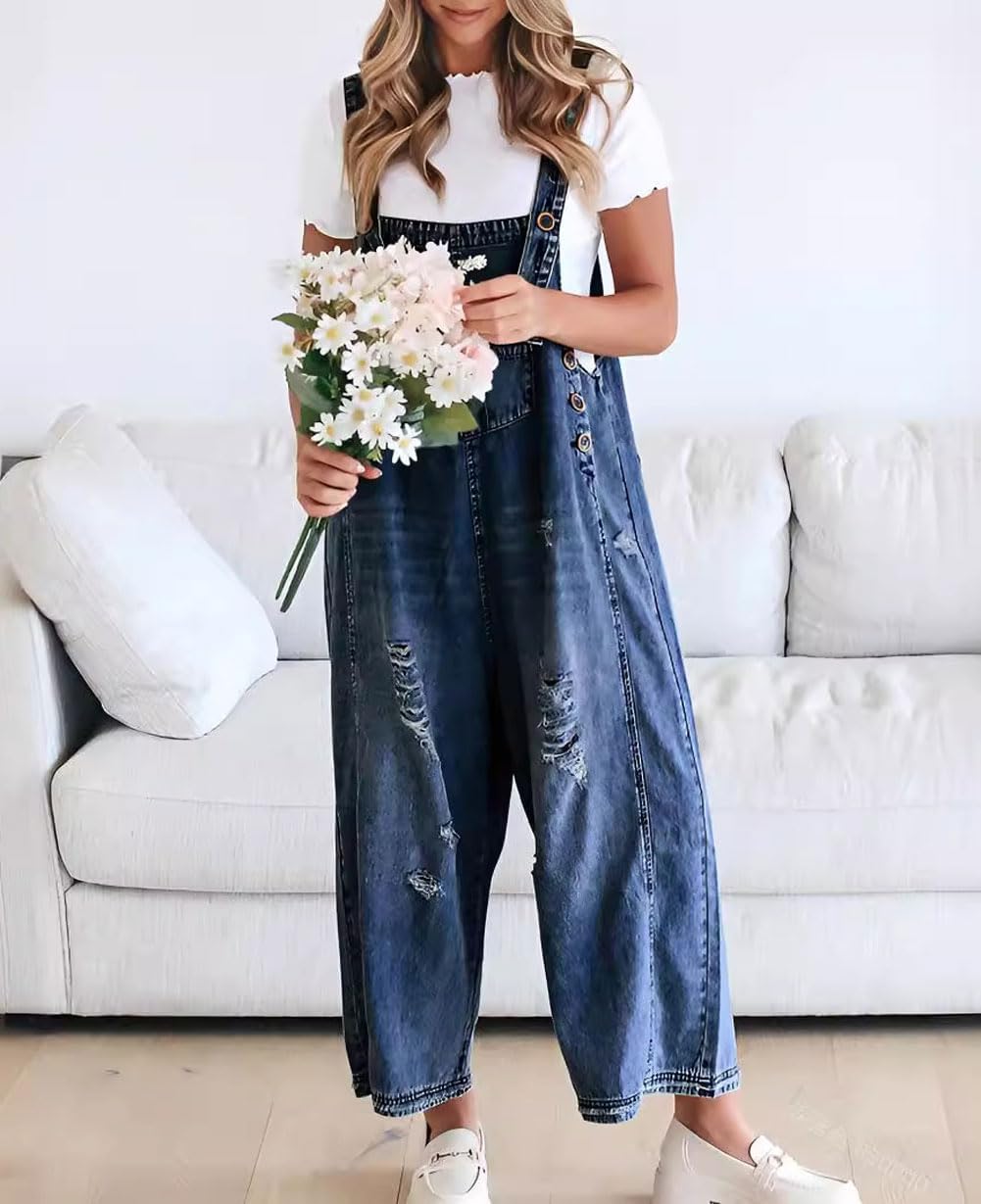 💃Limited time sale 50% OFF💓Women's Cute Casual Button Jumpsuit Ripped Denim Overalls