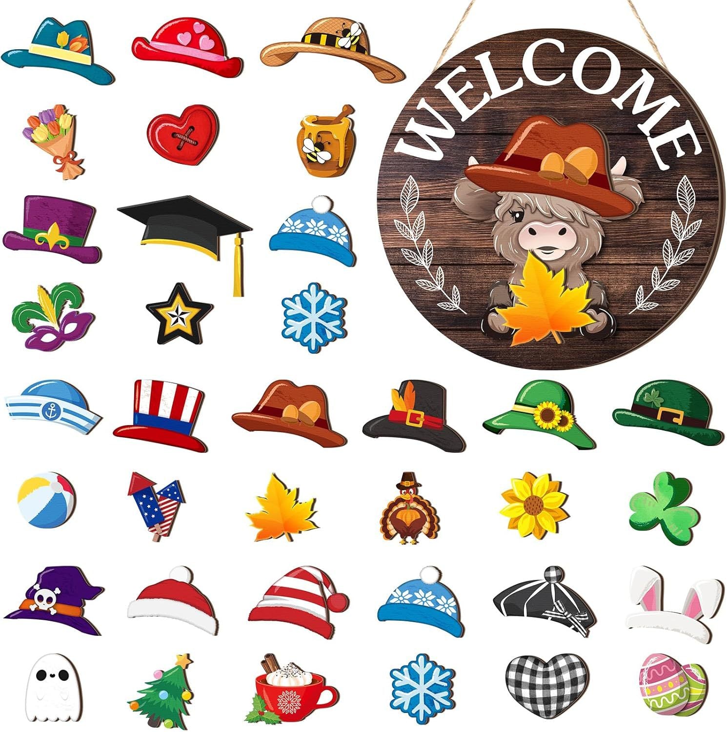 ⏰Interchangeable Welcome Sign with Highland Cow Featuring Seasonal Magnet, Detachable Hats, Accessories