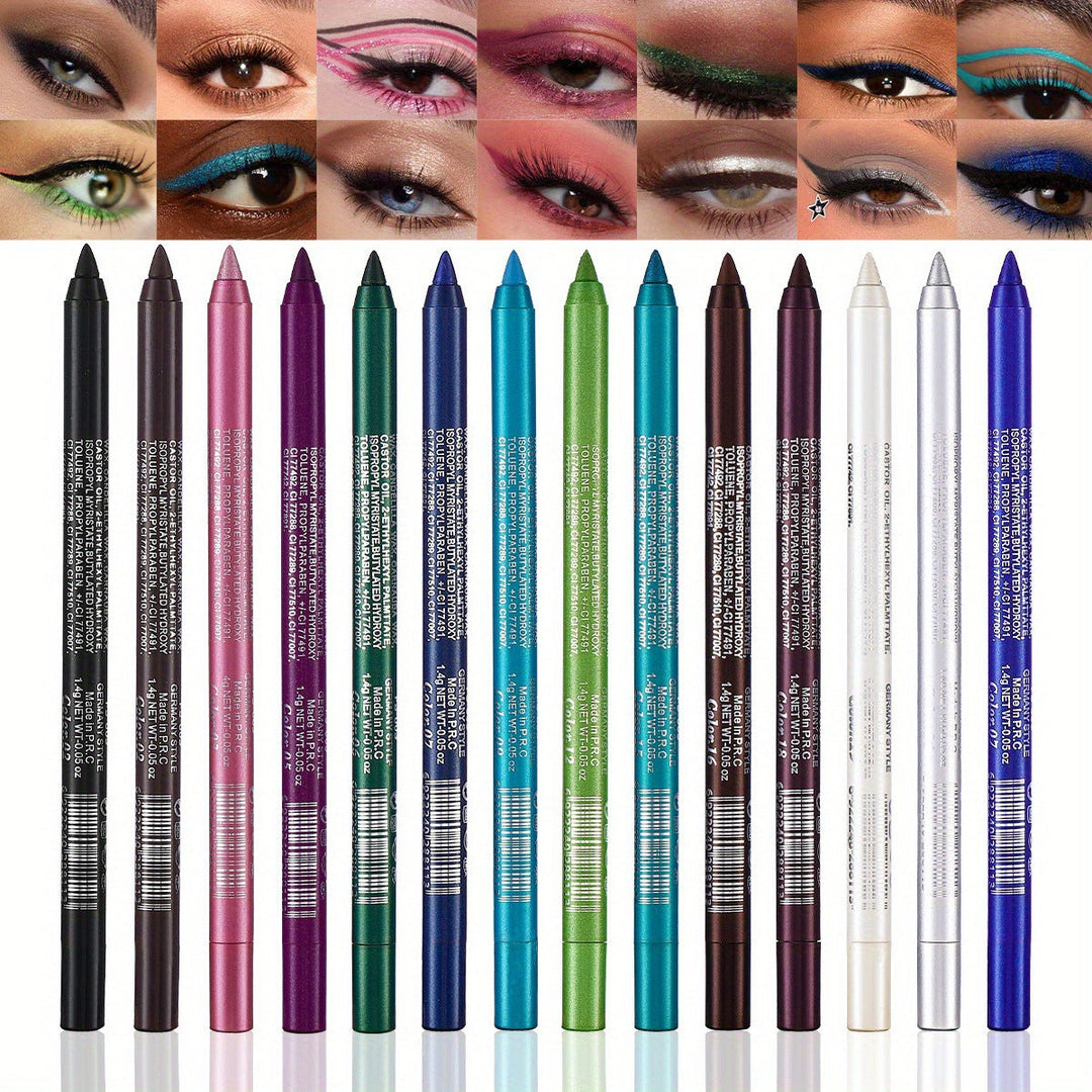 💧14-Pack Waterproof Colored Gel Eyeliner Pencil – Metallic &amp; Shimmer Finishes, Smudge-Proof（Pencil sharpener color is random）