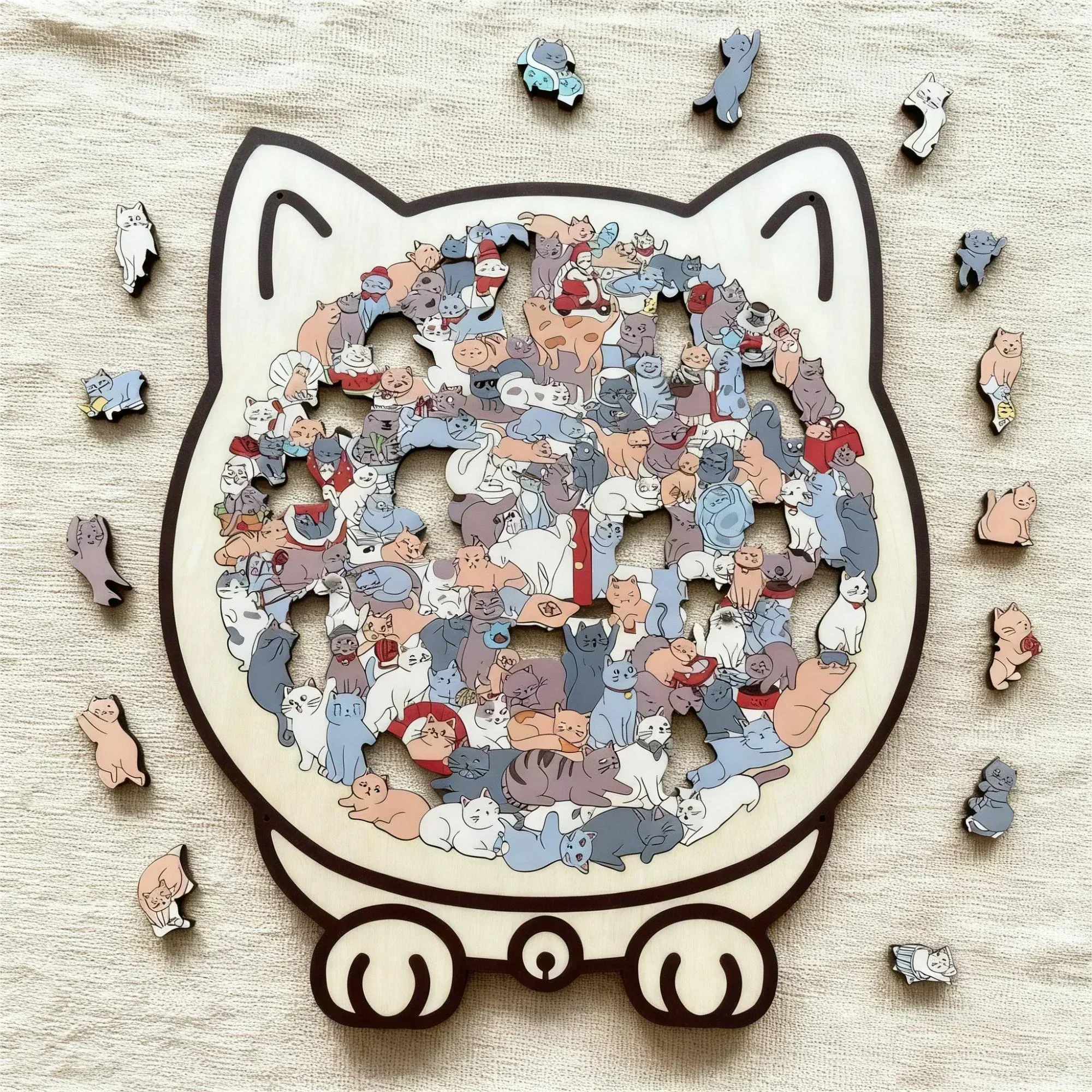 🎁135-Piece Morandi-Colored Cat Shaped Wooden Jigsaw Puzzle