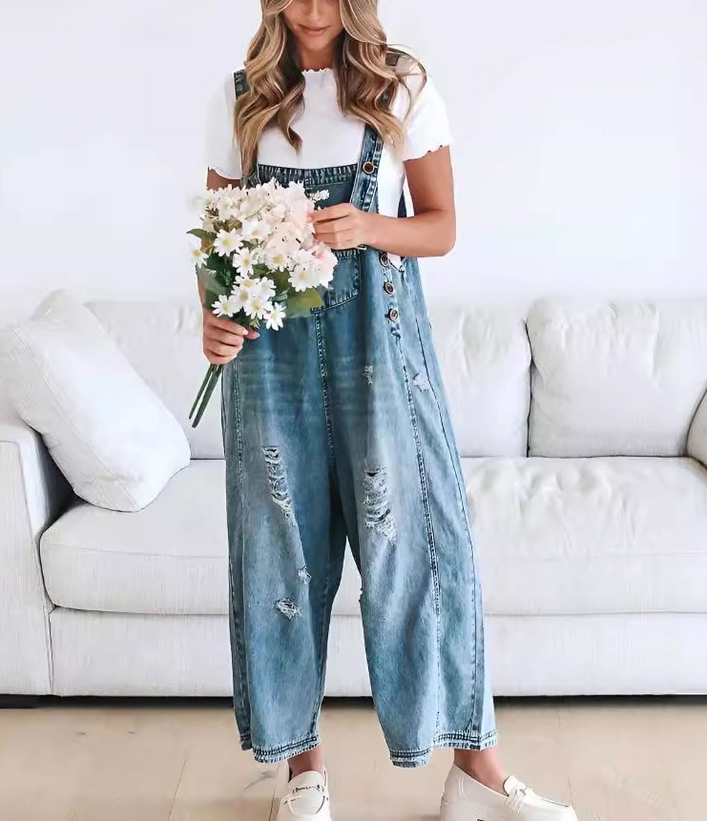 💃Limited time sale 50% OFF💓Women's Cute Casual Button Jumpsuit Ripped Denim Overalls