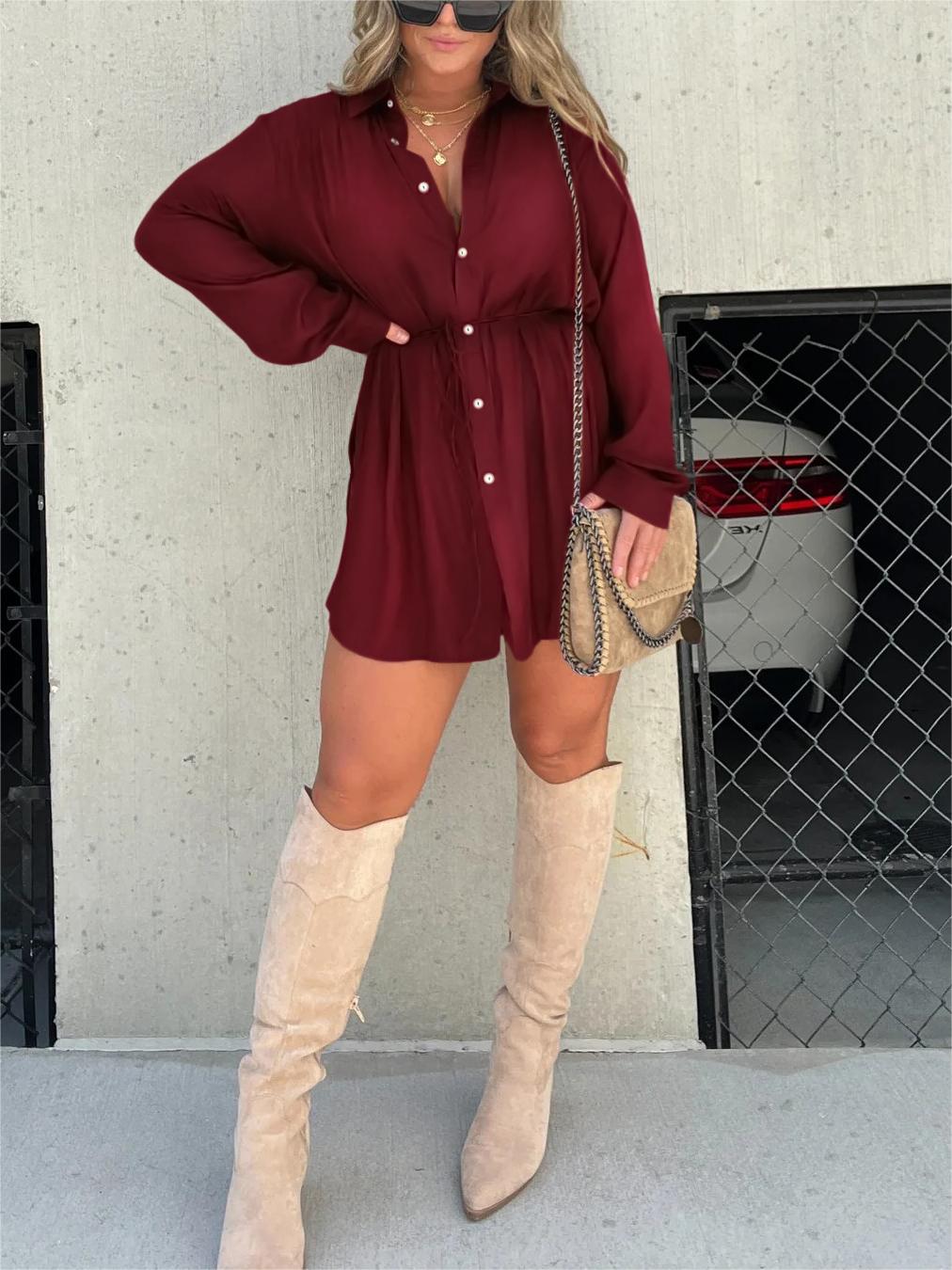 🔥Women's Solid Color Long Sleeve Shirt Dress