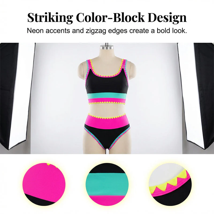 🎁Nuovo arrivo, sconto del 50%💥Bikini sportivo a 3 pezzi in nylon con patchwork a blocchi di colore e vita alta &amp;  Costume da bagno contenitivo per la pancia👙🌈