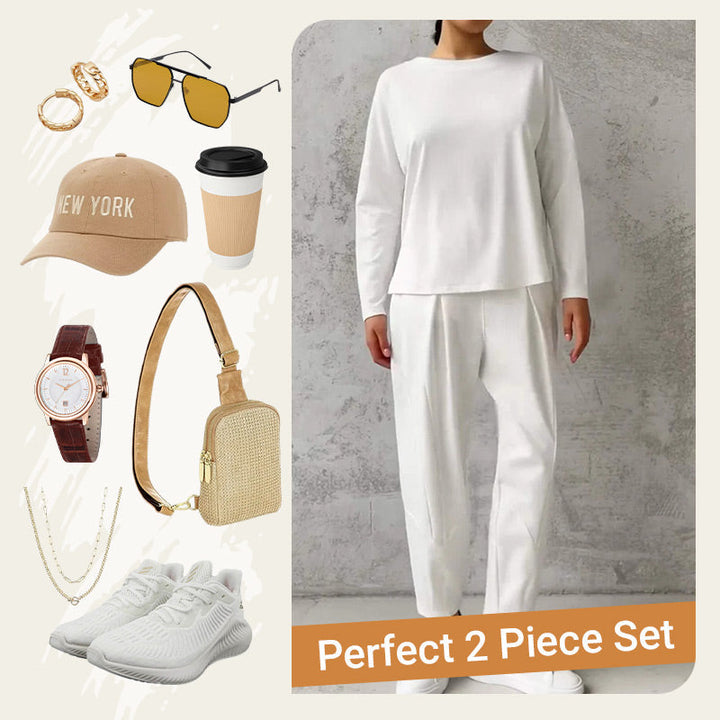 Round-Neck Long-Sleeved Top ＆ Pants 2-Piece Set | Wrinkle-Free &amp; Breathable |