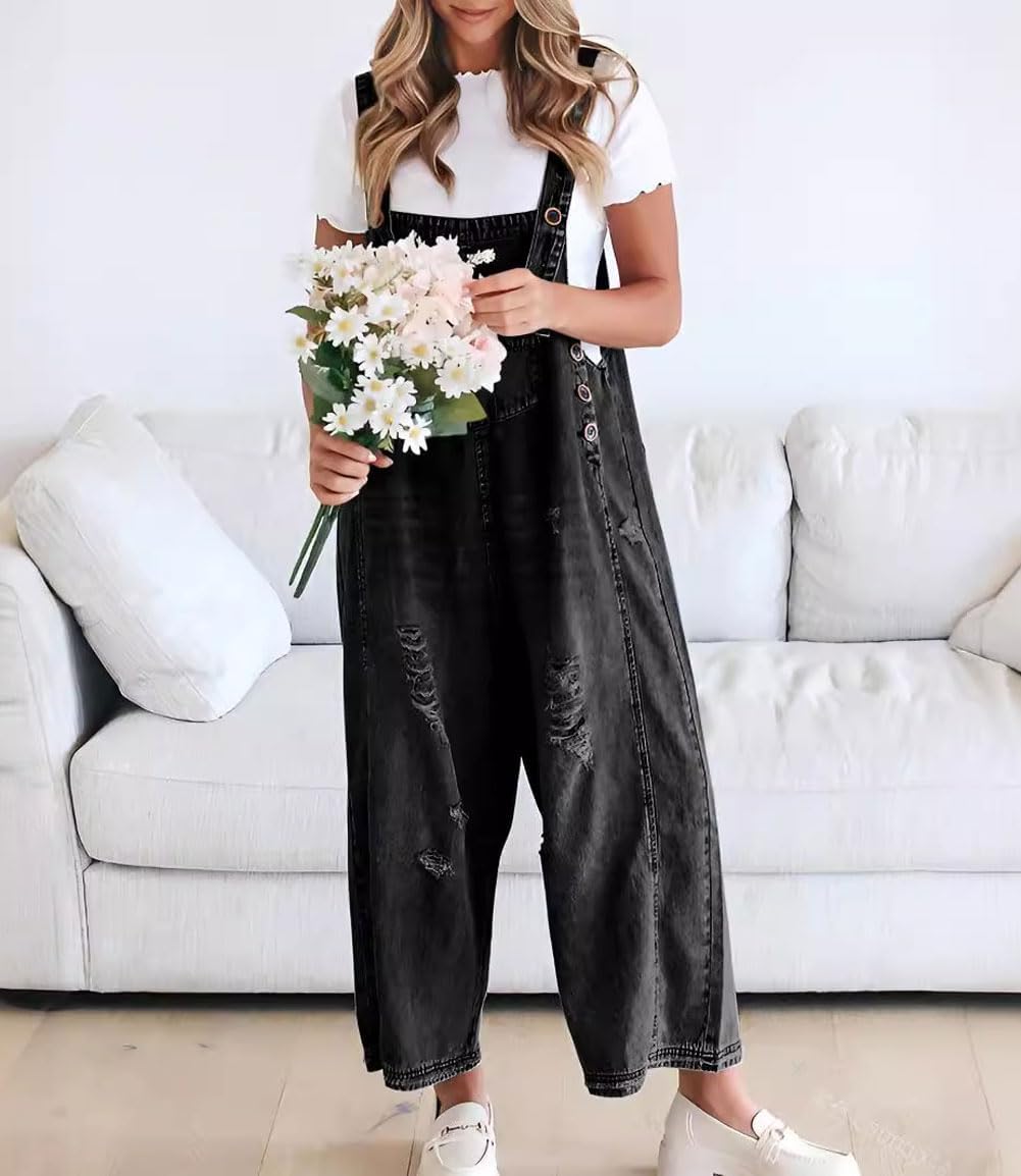 💃Limited time sale 50% OFF💓Women's Cute Casual Button Jumpsuit Ripped Denim Overalls