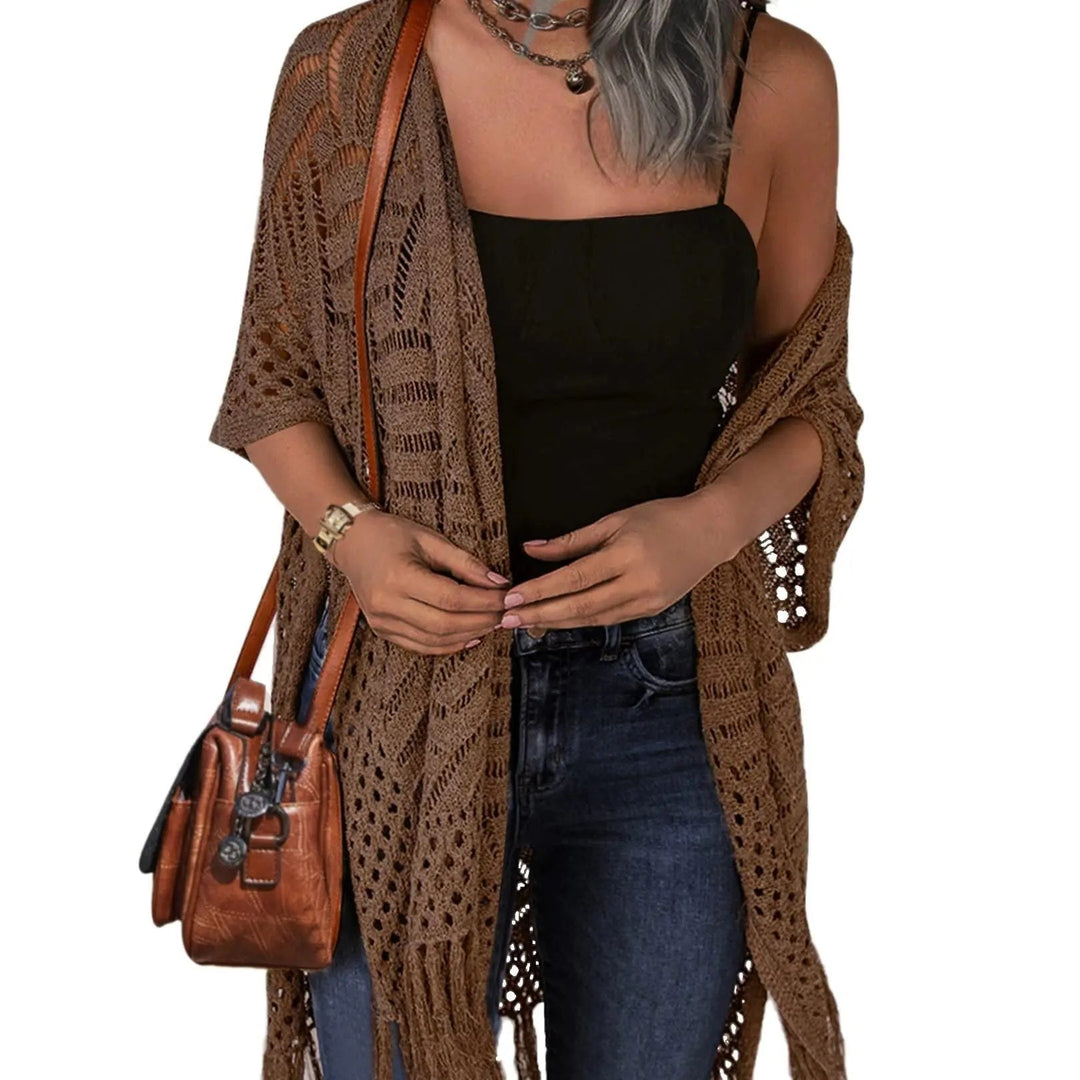 😍Women’s Oversized Knit Cardigan – Lightweight Crochet Tassel Kimono for Spring &amp; Summer 🌸