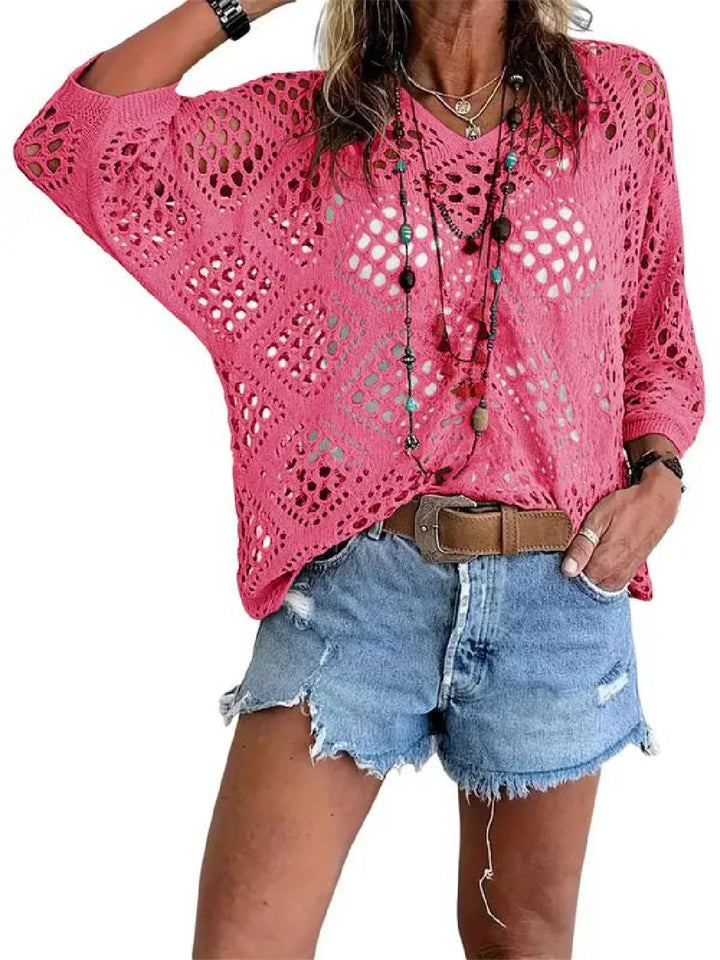 🥰Summer Sale-50% OFF💛Womens Bohemian-Inspired Beige Crochet Top With V-Neck