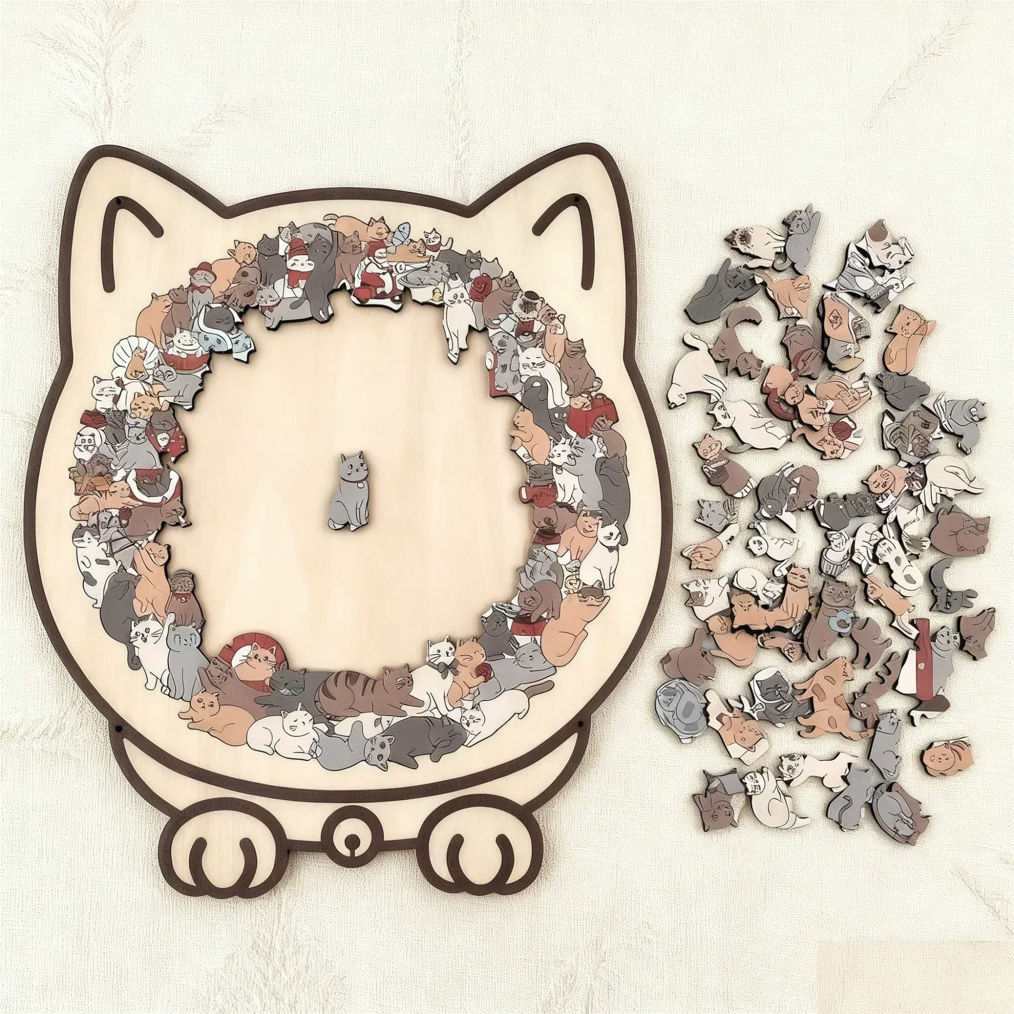 🎁135-Piece Morandi-Colored Cat Shaped Wooden Jigsaw Puzzle