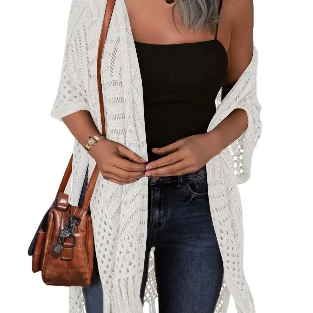 😍Women’s Oversized Knit Cardigan – Lightweight Crochet Tassel Kimono for Spring &amp; Summer 🌸