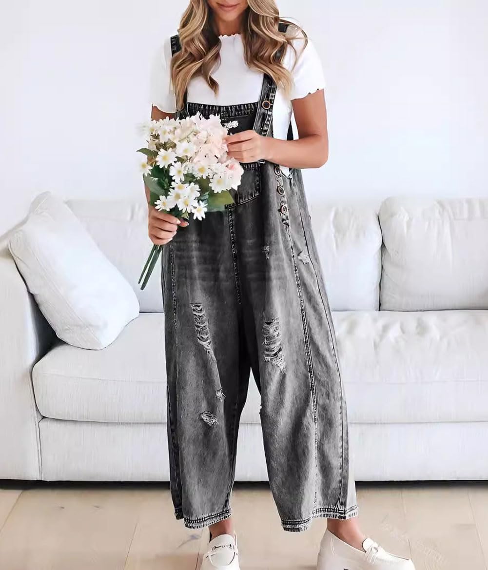 💃Limited time sale 50% OFF💓Women's Cute Casual Button Jumpsuit Ripped Denim Overalls