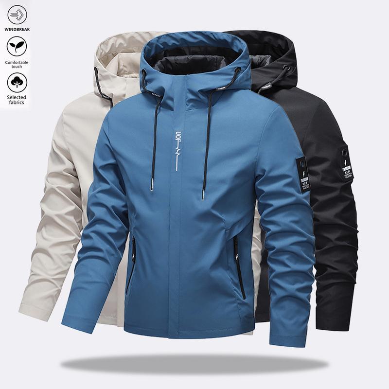 Men's Solid Color Waterproof Windproof Drawstring Zip-up Hoodie Jacket
