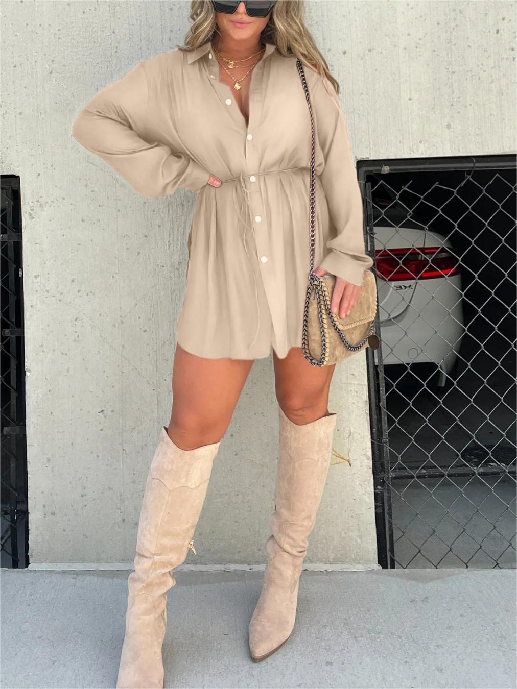 🔥Women's Solid Color Long Sleeve Shirt Dress