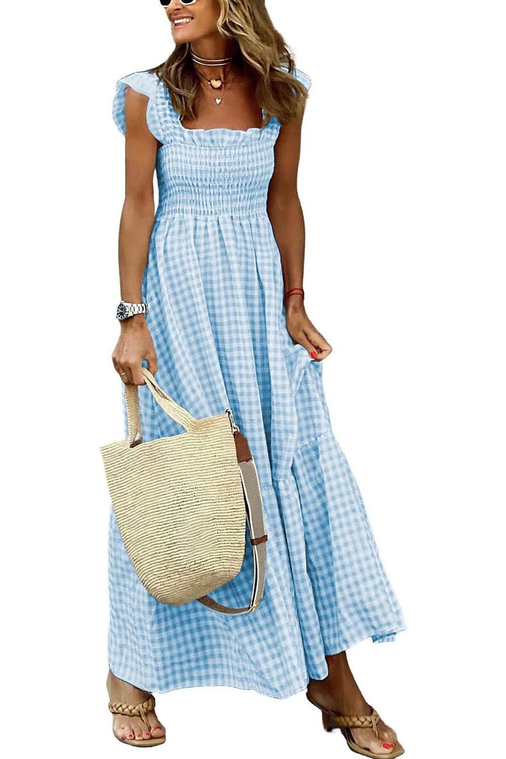 Vestido retro a cuadros con fruncido y tirantes finos para mujer, vestido largo con volantes y bolsillos (COMPRAR 2 ENVÍOS GRATIS)