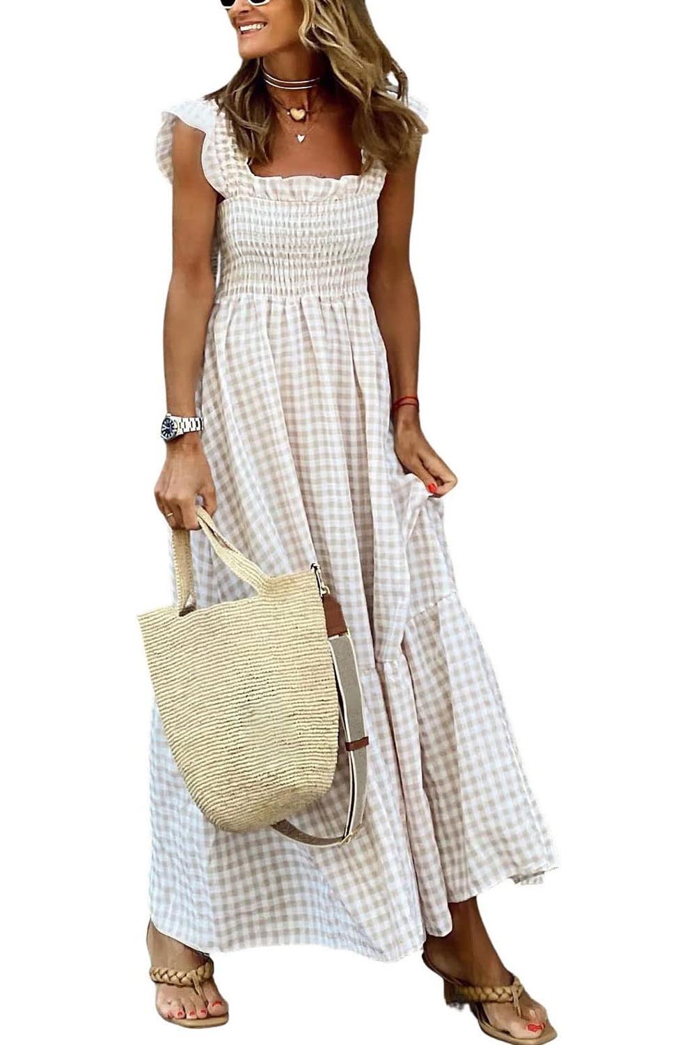 Vestido retro a cuadros con fruncido y tirantes finos para mujer, vestido largo con volantes y bolsillos (COMPRAR 2 ENVÍOS GRATIS)