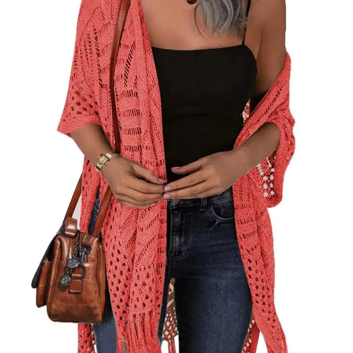😍Women’s Oversized Knit Cardigan – Lightweight Crochet Tassel Kimono for Spring &amp; Summer 🌸