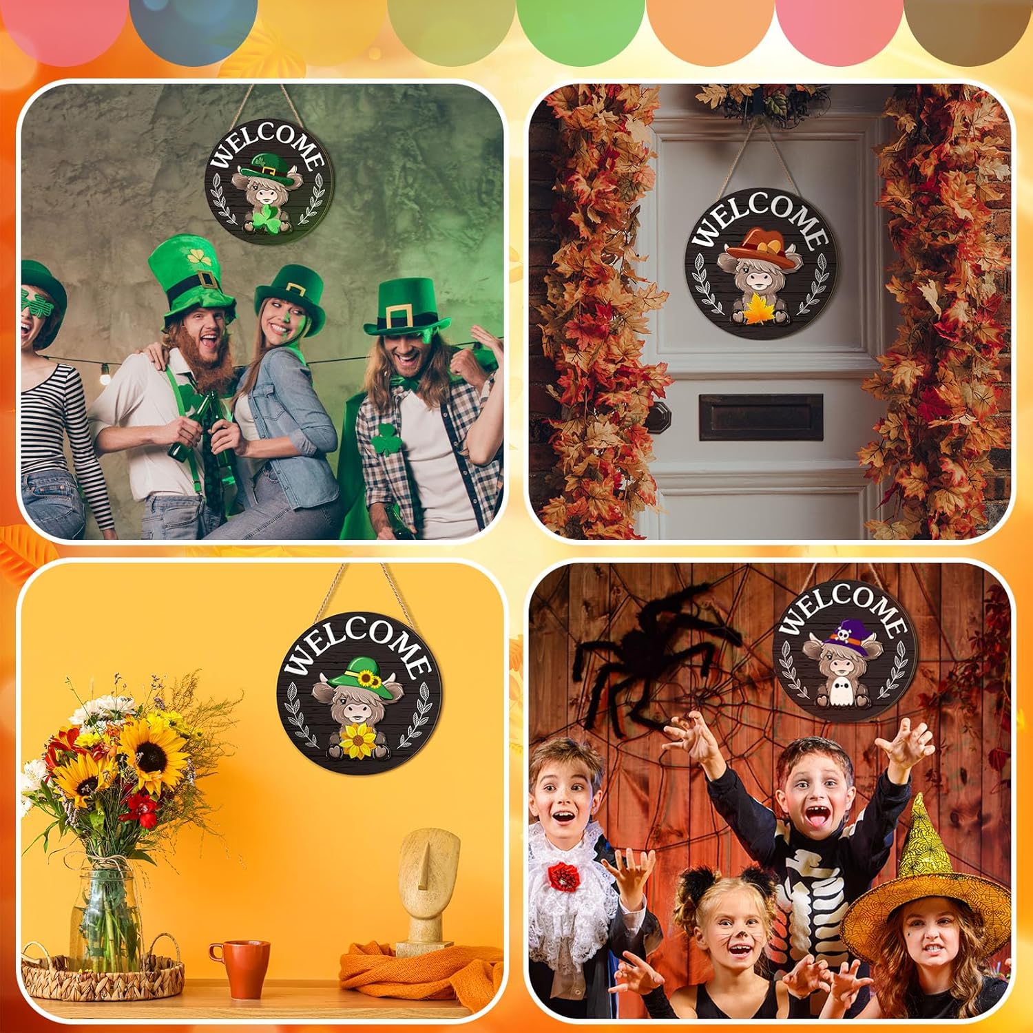 ⏰Interchangeable Welcome Sign with Highland Cow Featuring Seasonal Magnet, Detachable Hats, Accessories