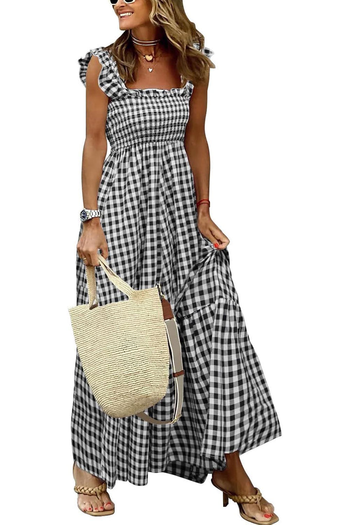 Vestido retro a cuadros con fruncido y tirantes finos para mujer, vestido largo con volantes y bolsillos (COMPRAR 2 ENVÍOS GRATIS)