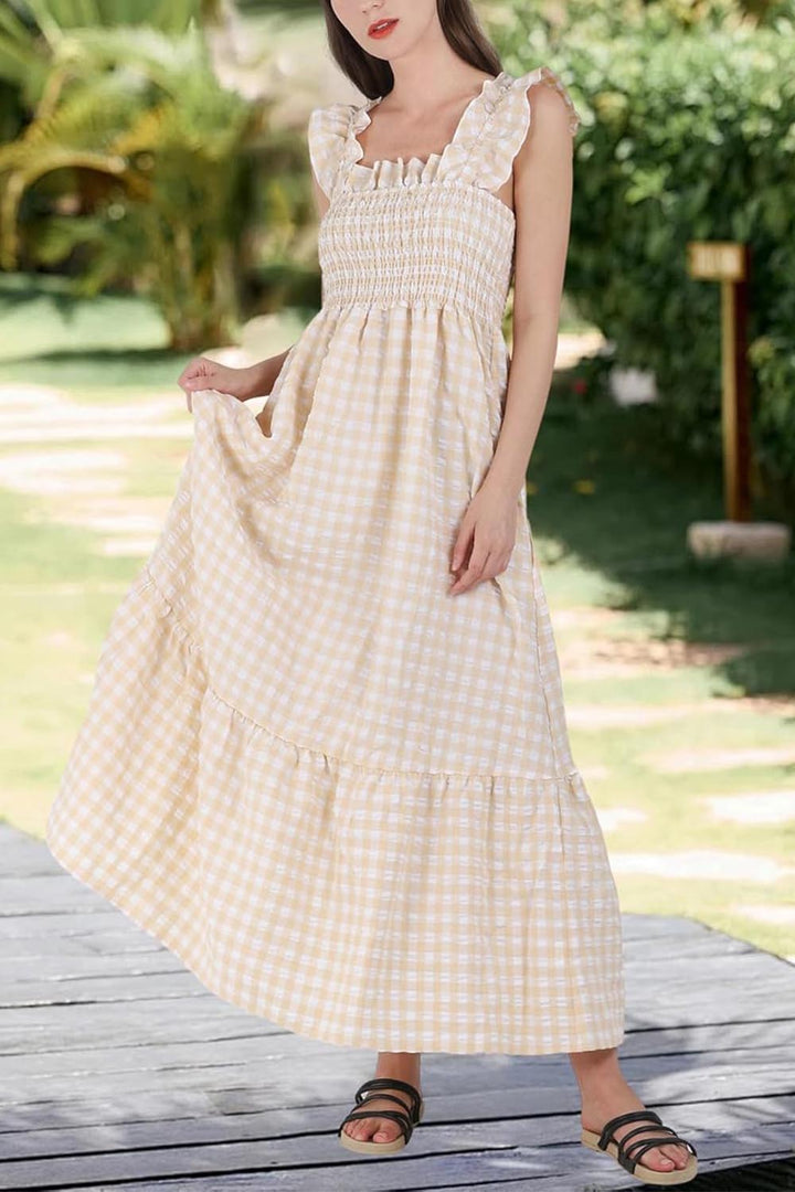 Vestido retro a cuadros con fruncido y tirantes finos para mujer, vestido largo con volantes y bolsillos (COMPRAR 2 ENVÍOS GRATIS)
