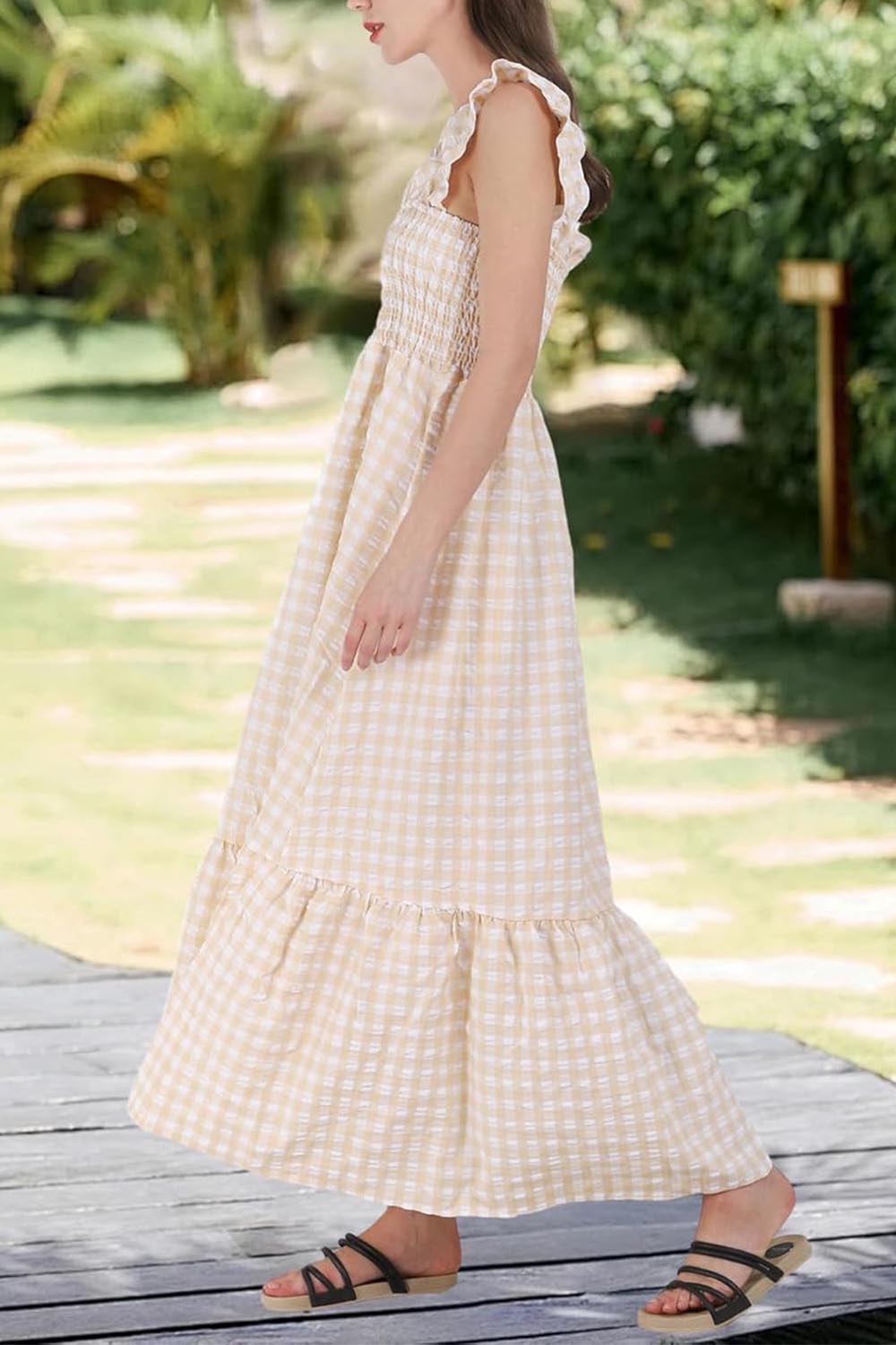 Vestido retro a cuadros con fruncido y tirantes finos para mujer, vestido largo con volantes y bolsillos (COMPRAR 2 ENVÍOS GRATIS)