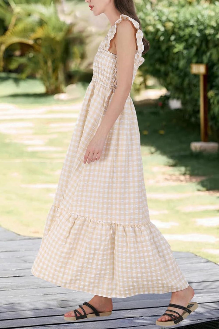 Vestido retro a cuadros con fruncido y tirantes finos para mujer, vestido largo con volantes y bolsillos (COMPRAR 2 ENVÍOS GRATIS)