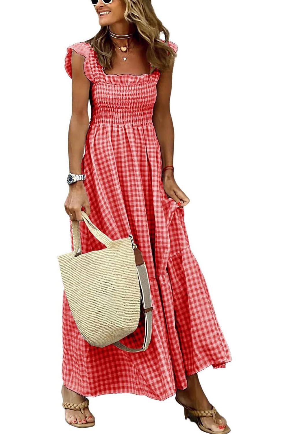 Vestido retro a cuadros con fruncido y tirantes finos para mujer, vestido largo con volantes y bolsillos (COMPRAR 2 ENVÍOS GRATIS)