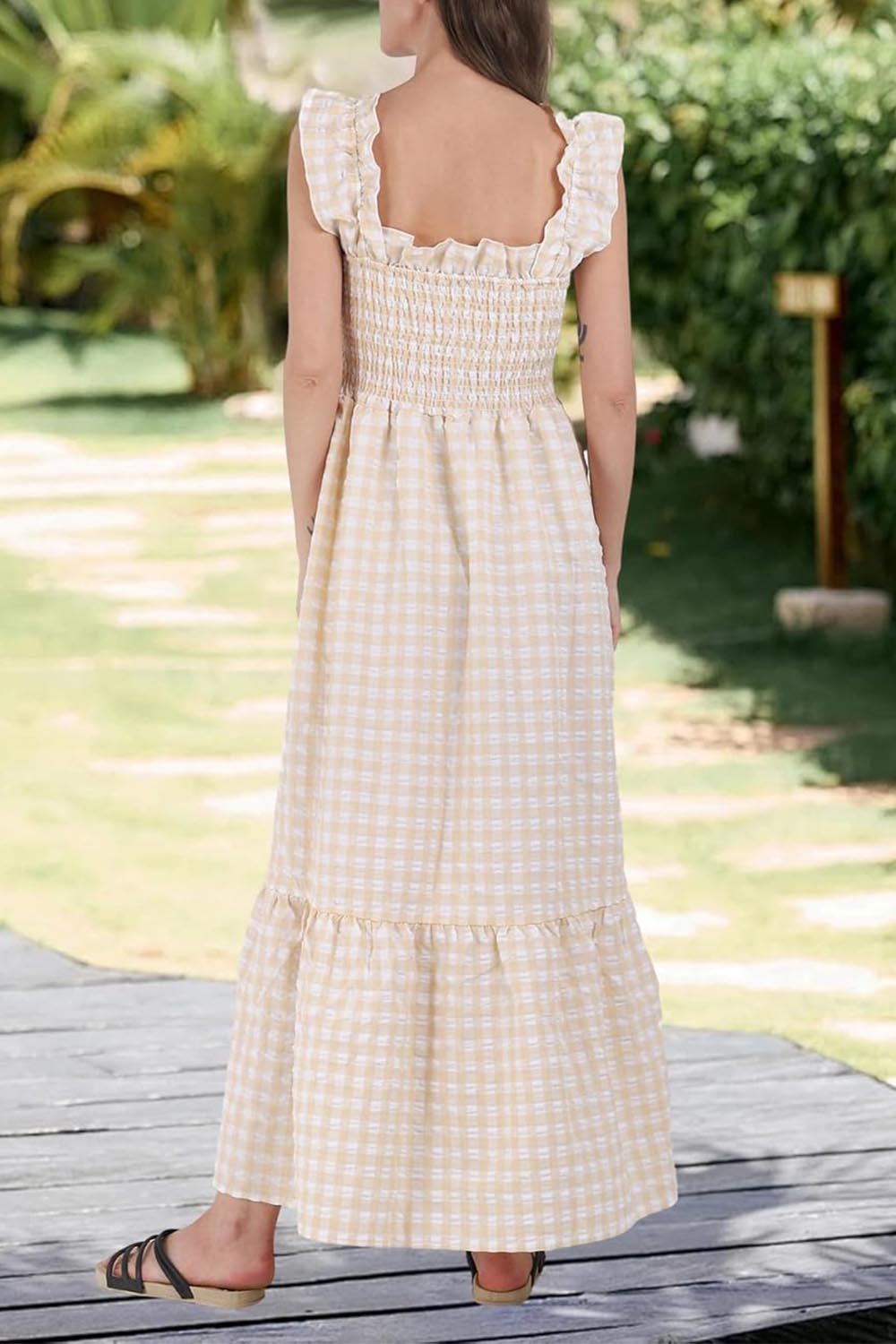 Vestido retro a cuadros con fruncido y tirantes finos para mujer, vestido largo con volantes y bolsillos (COMPRAR 2 ENVÍOS GRATIS)