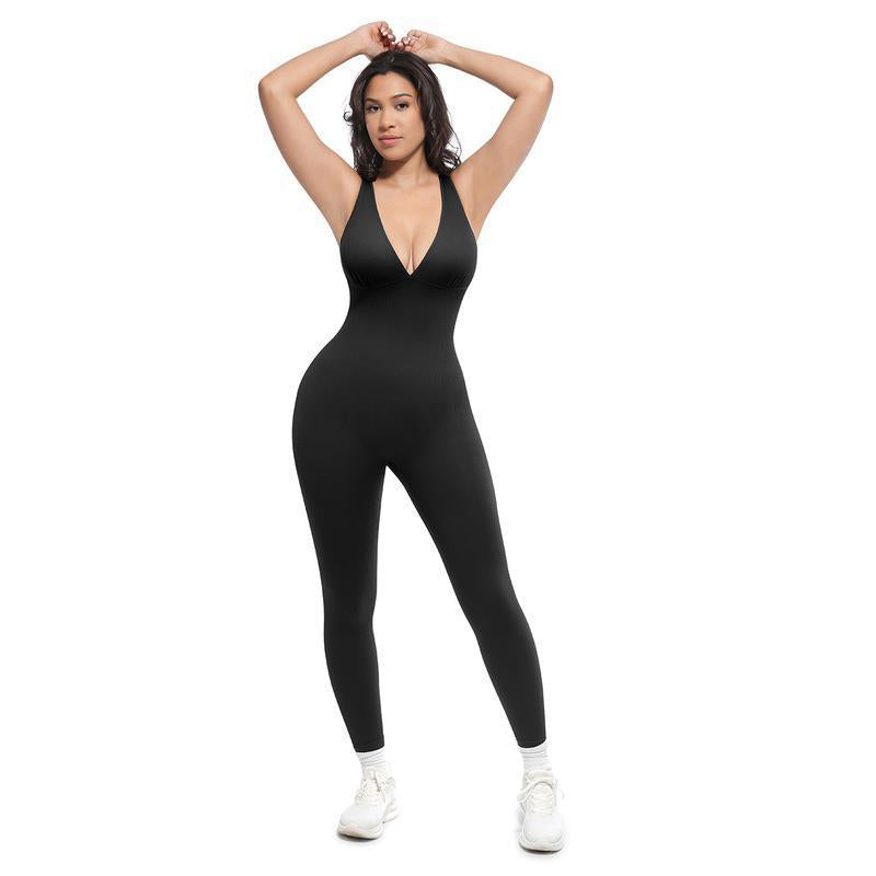 Jumpsuit met hoge stretch en V-hals
