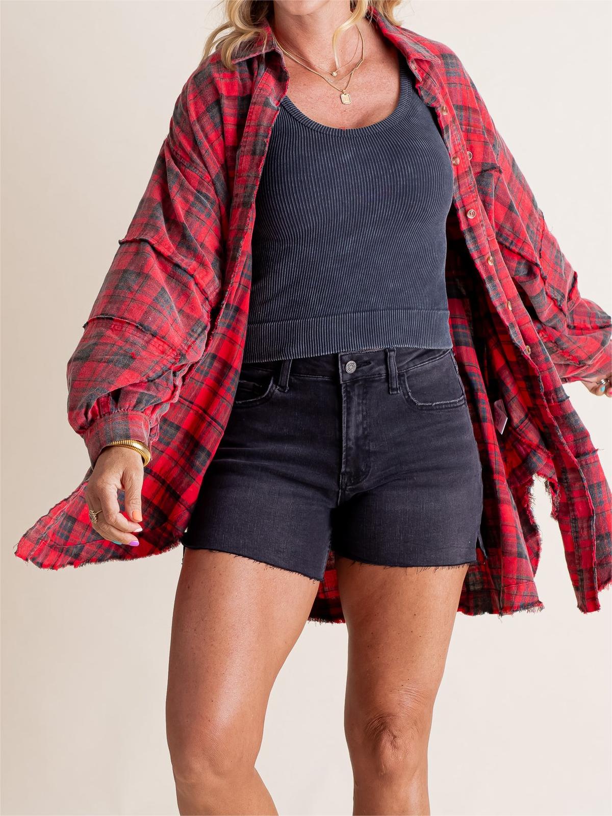 ⏰Early Autumn Sales 50% OFF🍂Women's Mineral Washed Button Down Plaid Shirt With Pockets
