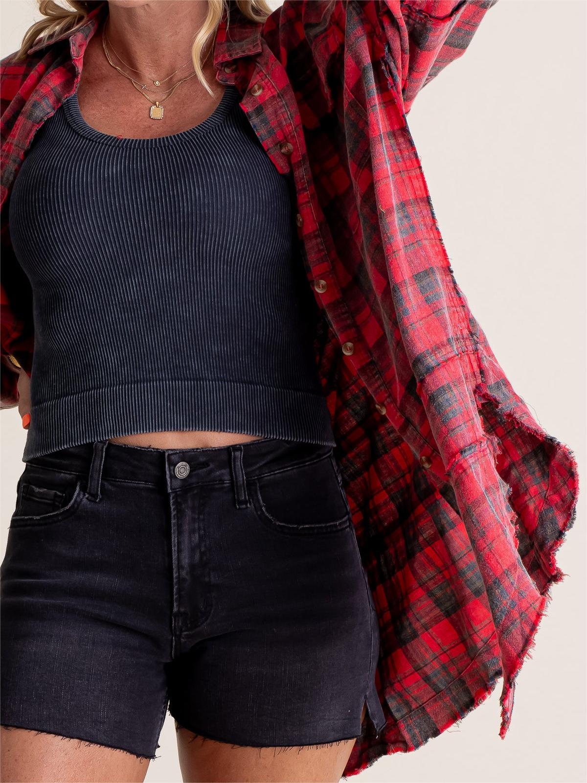 ⏰Early Autumn Sales 50% OFF🍂Women's Mineral Washed Button Down Plaid Shirt With Pockets