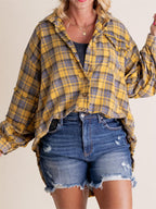 ⏰Early Autumn Sales 50% OFF🍂Women's Mineral Washed Button Down Plaid Shirt With Pockets