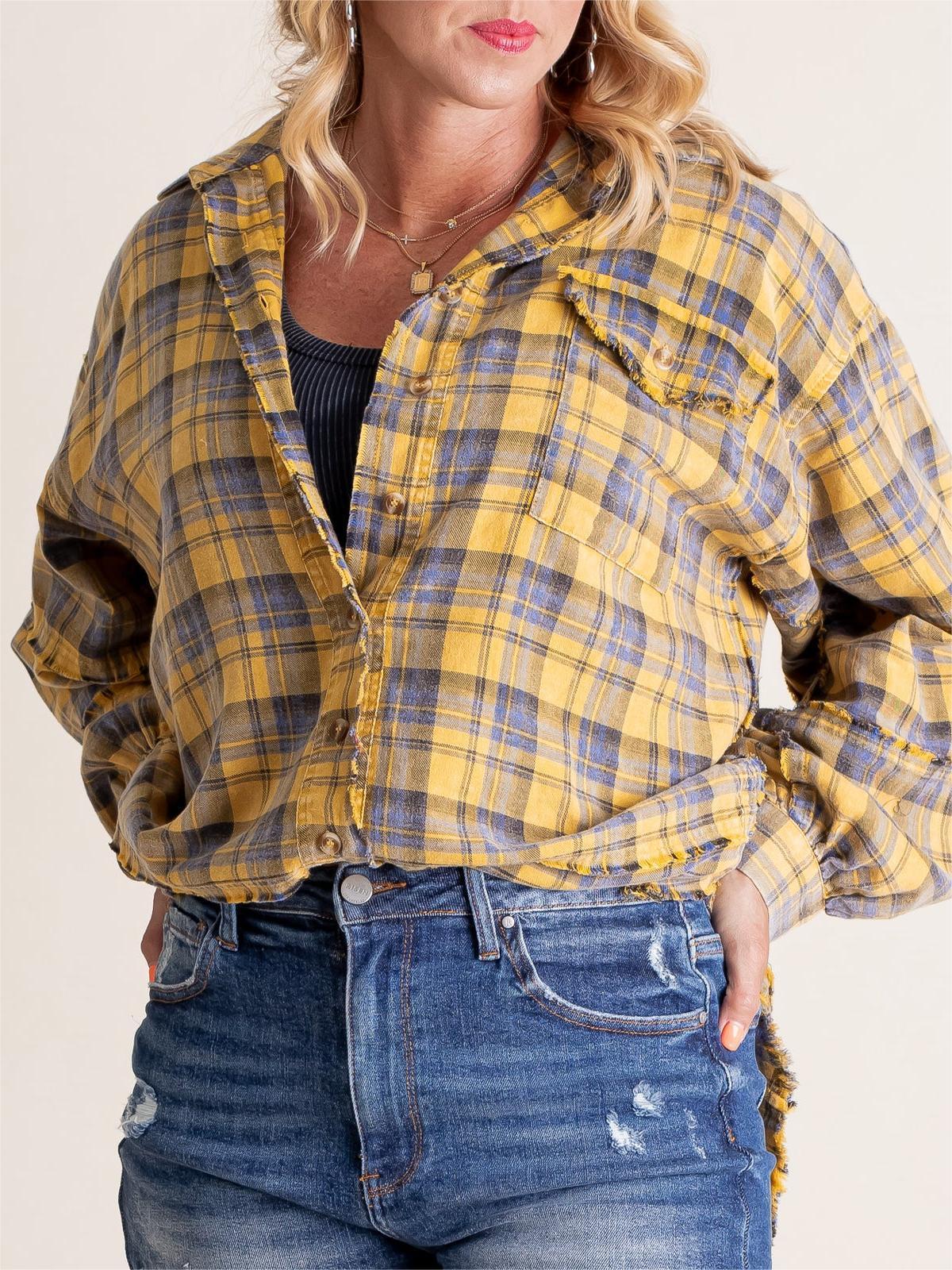 ⏰Early Autumn Sales 50% OFF🍂Women's Mineral Washed Button Down Plaid Shirt With Pockets