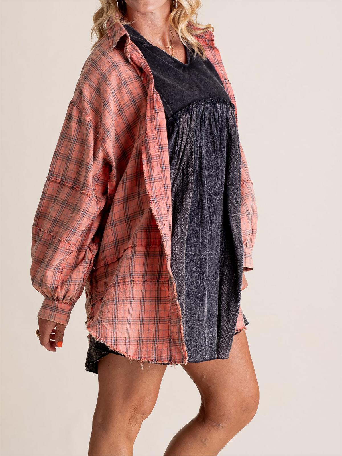 ⏰Early Autumn Sales 50% OFF🍂Women's Mineral Washed Button Down Plaid Shirt With Pockets