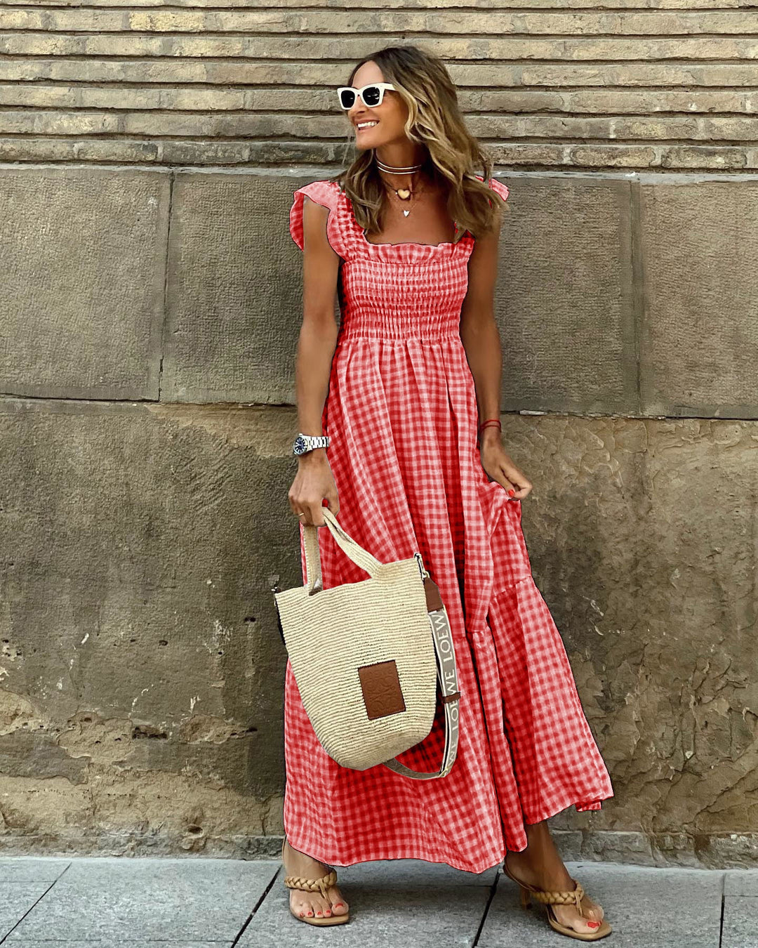 Vestido retro a cuadros con fruncido y tirantes finos para mujer, vestido largo con volantes y bolsillos (COMPRAR 2 ENVÍOS GRATIS)