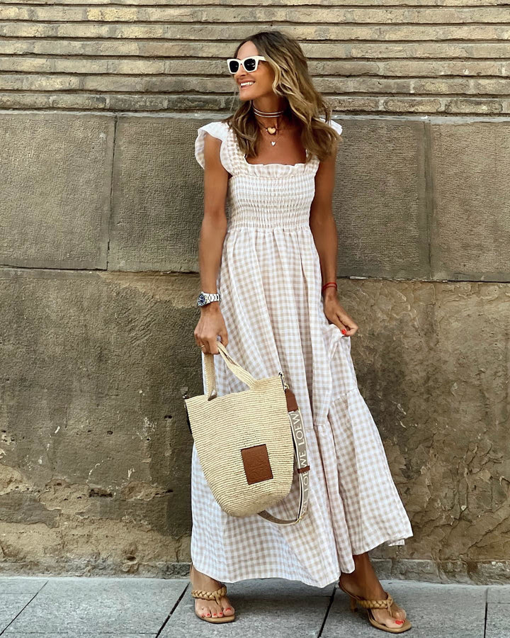 Vestido retro a cuadros con fruncido y tirantes finos para mujer, vestido largo con volantes y bolsillos (COMPRAR 2 ENVÍOS GRATIS)