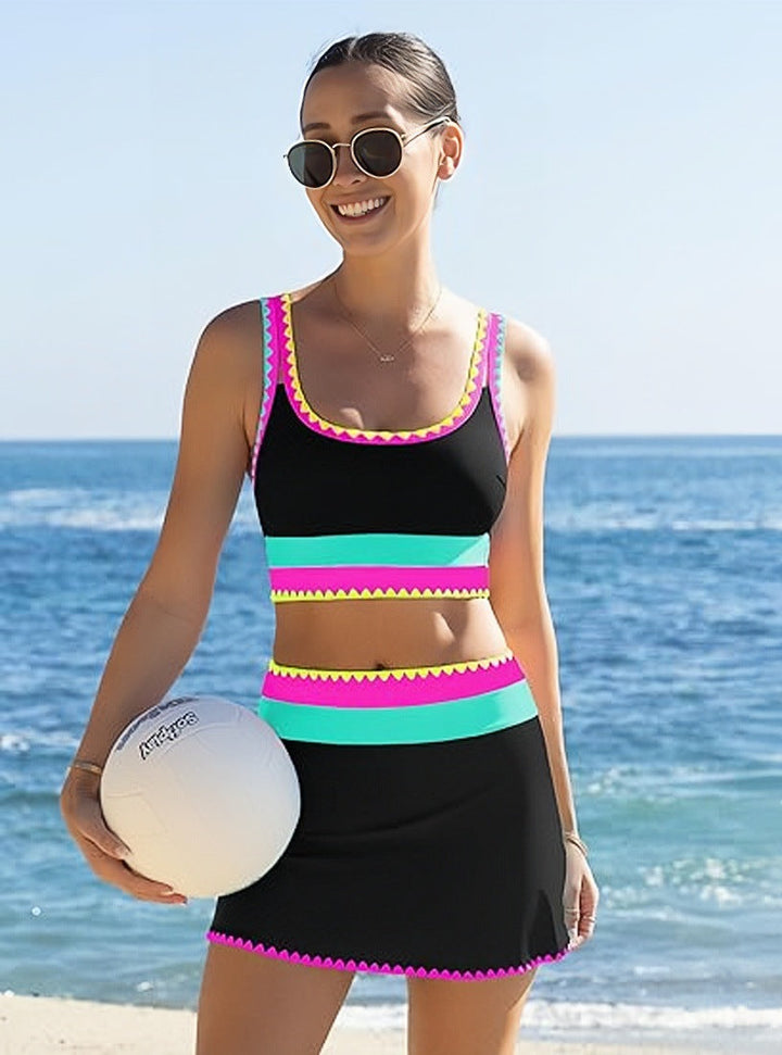 🎁Nuovo arrivo, sconto del 50%💥Bikini sportivo a 3 pezzi in nylon con patchwork a blocchi di colore e vita alta &amp;  Costume da bagno contenitivo per la pancia👙🌈