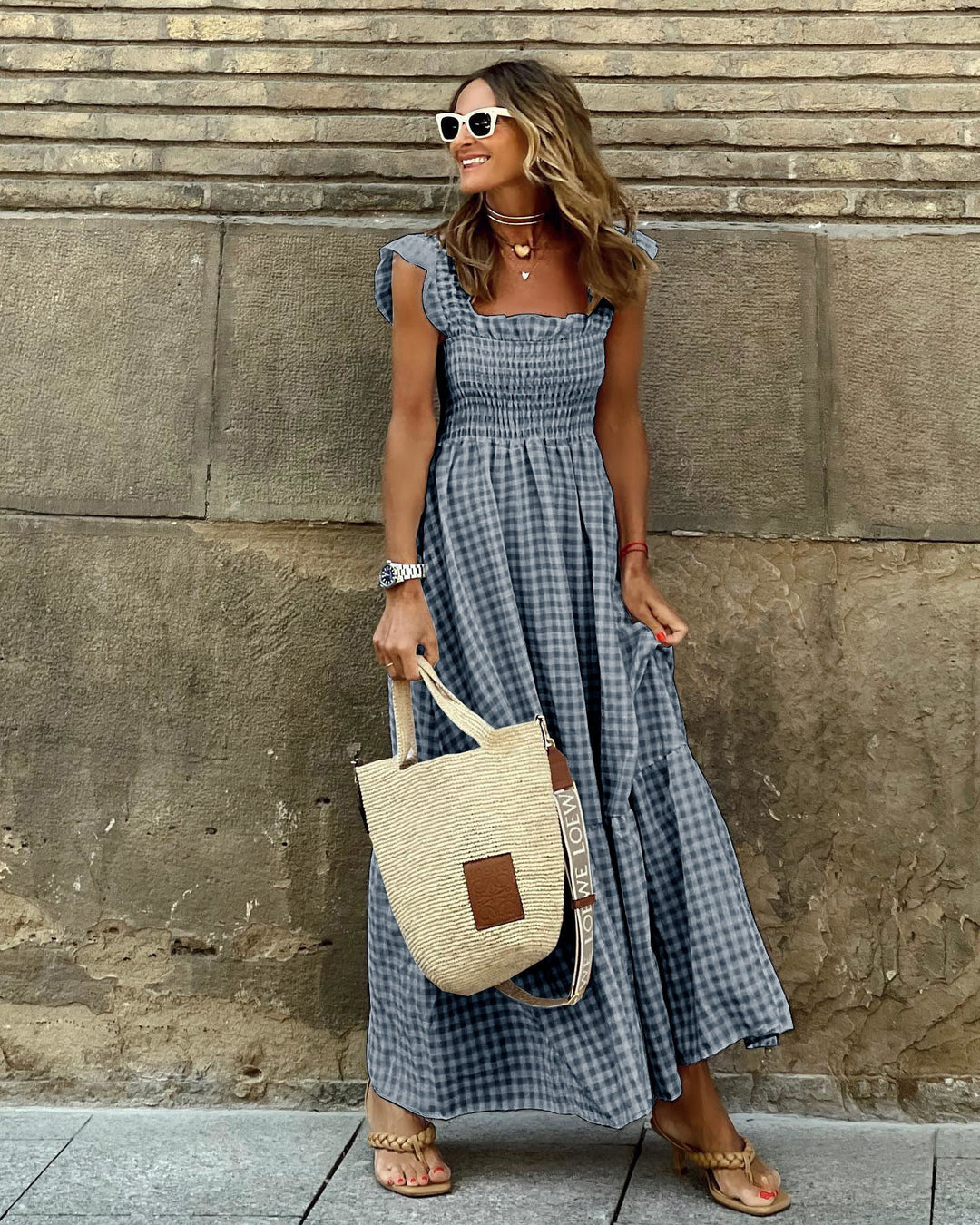 Vestido retro a cuadros con fruncido y tirantes finos para mujer, vestido largo con volantes y bolsillos (COMPRAR 2 ENVÍOS GRATIS)