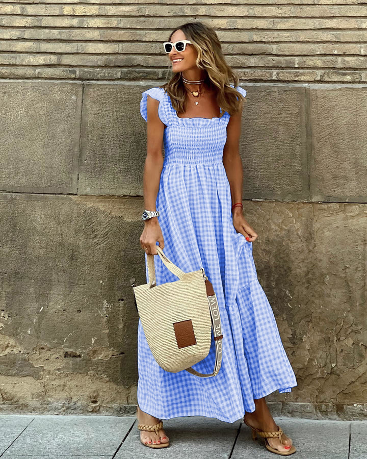 Vestido retro a cuadros con fruncido y tirantes finos para mujer, vestido largo con volantes y bolsillos (COMPRAR 2 ENVÍOS GRATIS)