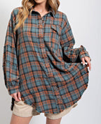 ⏰Early Autumn Sales 50% OFF🍂Women's Mineral Washed Button Down Plaid Shirt With Pockets