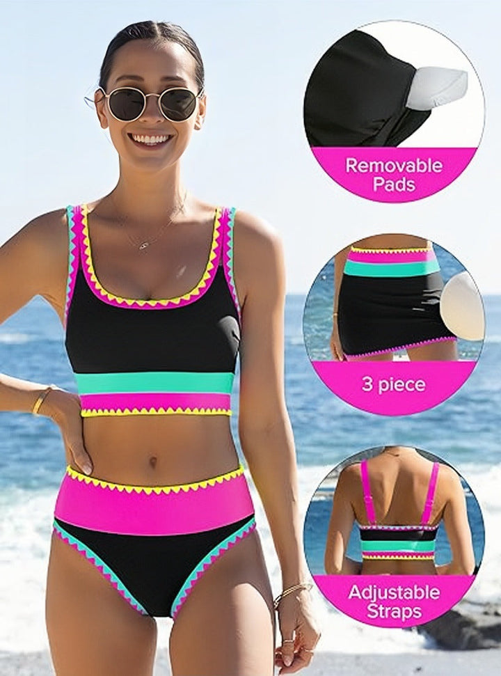 🎁Nuovo arrivo, sconto del 50%💥Bikini sportivo a 3 pezzi in nylon con patchwork a blocchi di colore e vita alta &amp;  Costume da bagno contenitivo per la pancia👙🌈