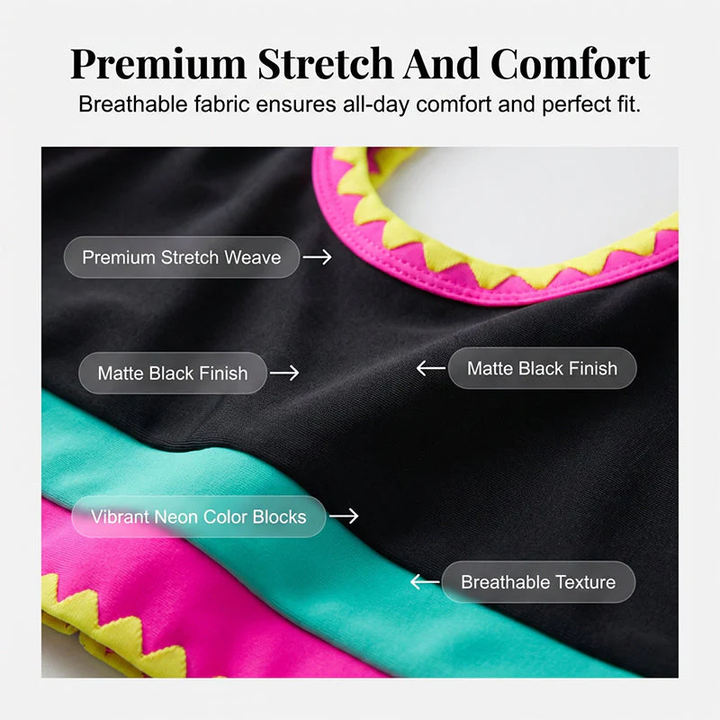 🎁Nuovo arrivo, sconto del 50%💥Bikini sportivo a 3 pezzi in nylon con patchwork a blocchi di colore e vita alta &amp;  Costume da bagno contenitivo per la pancia👙🌈