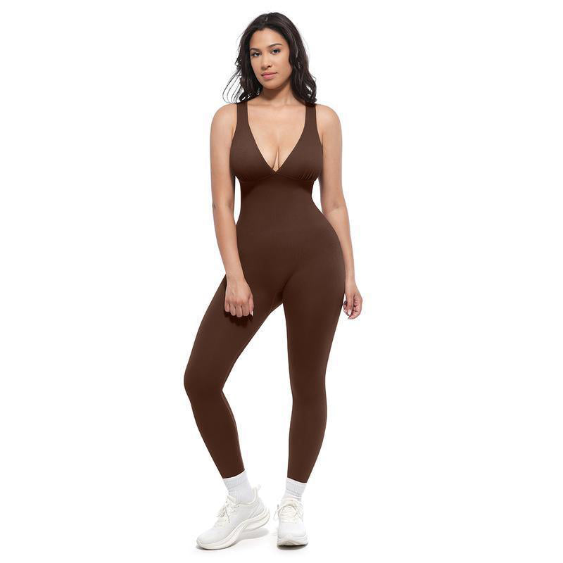 Jumpsuit met hoge stretch en V-hals