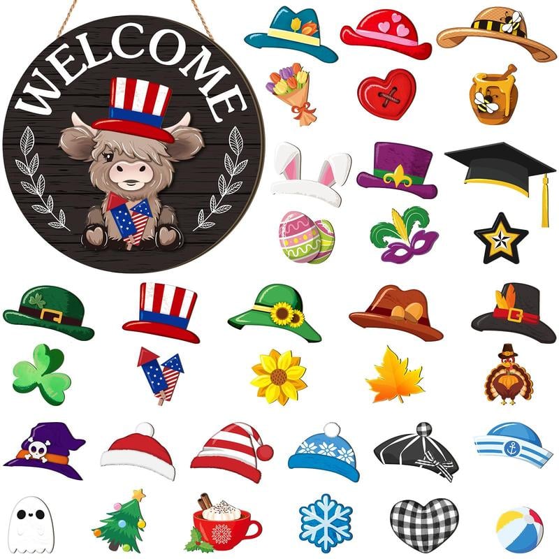 ⏰Interchangeable Welcome Sign with Highland Cow Featuring Seasonal Magnet, Detachable Hats, Accessories