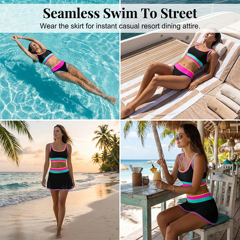 🎁Nuovo arrivo, sconto del 50%💥Bikini sportivo a 3 pezzi in nylon con patchwork a blocchi di colore e vita alta &amp;  Costume da bagno contenitivo per la pancia👙🌈