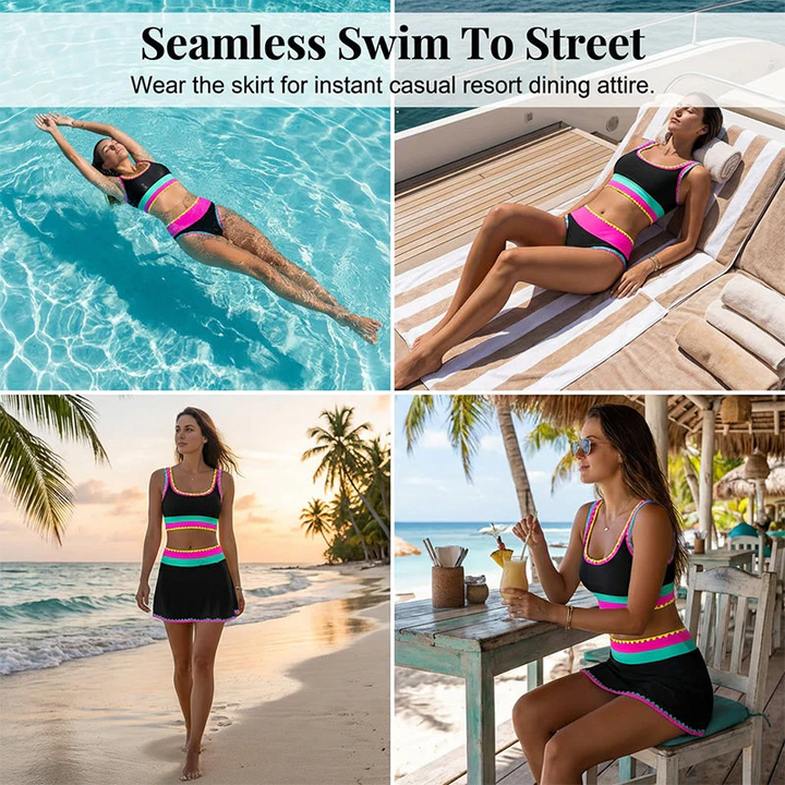 🎁Nuovo arrivo, sconto del 50%💥Bikini sportivo a 3 pezzi in nylon con patchwork a blocchi di colore e vita alta &amp;  Costume da bagno contenitivo per la pancia👙🌈