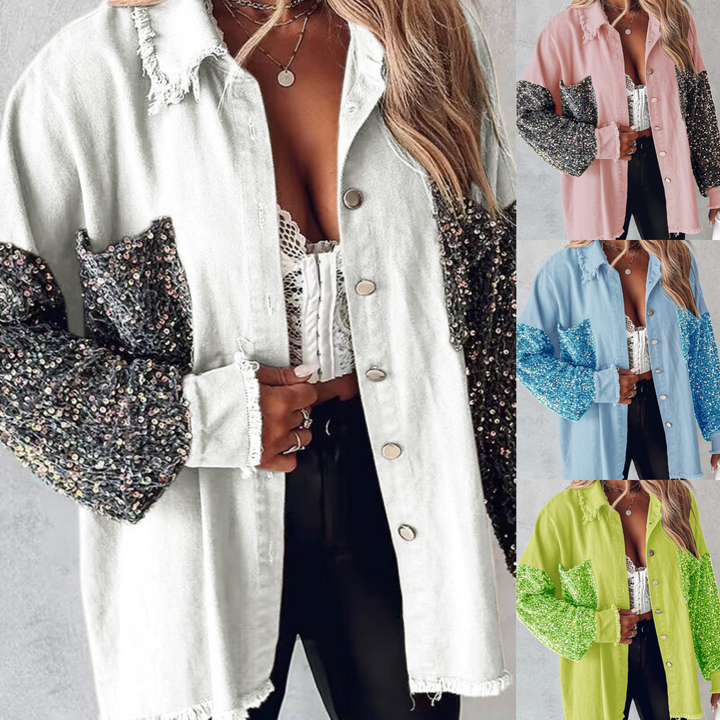 🔥Offre spéciale : 50 % de réduction⏳Manteau patchwork à sequins tendance pour femme avec ourlet brut