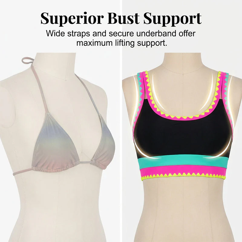 🎁Nuovo arrivo, sconto del 50%💥Bikini sportivo a 3 pezzi in nylon con patchwork a blocchi di colore e vita alta &amp;  Costume da bagno contenitivo per la pancia👙🌈